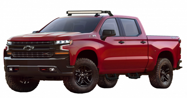 Red 2019 Chevrolet Silverado with steps and lightbar installed